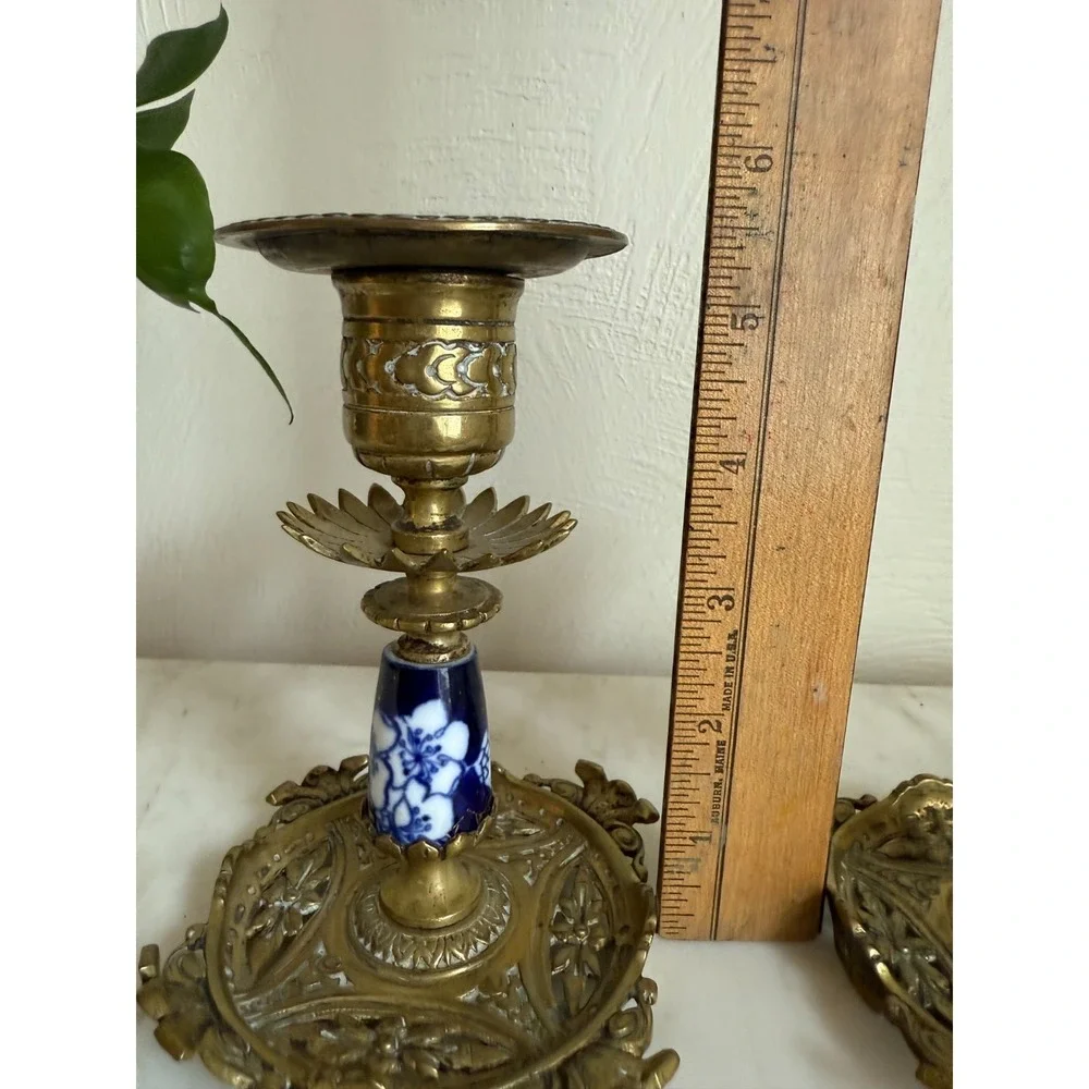 Antique Set Of Two English Aesthetic Movement Brass Candlesticks Ornate 5.5